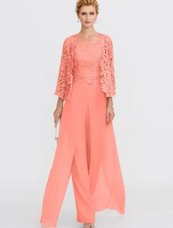 Beach Wedding Pantsuit 3 Piece Mother of the Bride Wedding Guest Elegant Plus Size Square Neck Floor Length Chiffon Corded Lace Sleeveless Wrap Included with Lace Appliques