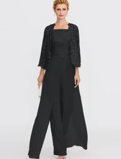 Beach Wedding Pantsuit 3 Piece Mother of the Bride Wedding Guest Elegant Plus Size Square Neck Floor Length Chiffon Corded Lace Sleeveless Wrap Included with Lace Appliques