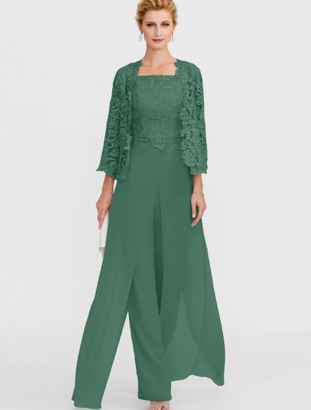 Beach Wedding Pantsuit 3 Piece Mother of the Bride Wedding Guest Elegant Plus Size Square Neck Floor Length Chiffon Corded Lace Sleeveless Wrap Included with Lace Appliques