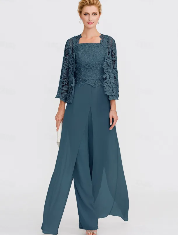 Beach Wedding Pantsuit 3 Piece Mother of the Bride Wedding Guest Elegant Plus Size Square Neck Floor Length Chiffon Corded Lace Sleeveless Wrap Included with Lace Appliques