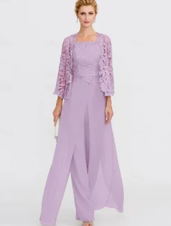Beach Wedding Pantsuit 3 Piece Mother of the Bride Wedding Guest Elegant Plus Size Square Neck Floor Length Chiffon Corded Lace Sleeveless Wrap Included with Lace Appliques