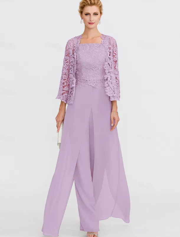 Beach Wedding Pantsuit 3 Piece Mother of the Bride Wedding Guest Elegant Plus Size Square Neck Floor Length Chiffon Corded Lace Sleeveless Wrap Included with Lace Appliques