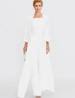 Beach Wedding Pantsuit 3 Piece Mother of the Bride Wedding Guest Elegant Plus Size Square Neck Floor Length Chiffon Corded Lace Sleeveless Wrap Included with Lace Appliques
