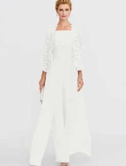 Beach Wedding Pantsuit 3 Piece Mother of the Bride Wedding Guest Elegant Plus Size Square Neck Floor Length Chiffon Corded Lace Sleeveless Wrap Included with Lace Appliques
