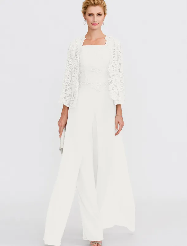 Beach Wedding Pantsuit 3 Piece Mother of the Bride Wedding Guest Elegant Plus Size Square Neck Floor Length Chiffon Corded Lace Sleeveless Wrap Included with Lace Appliques