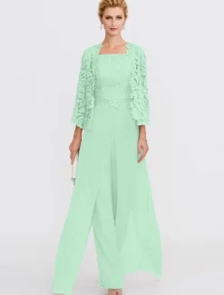 Beach Wedding Pantsuit 3 Piece Mother of the Bride Wedding Guest Elegant Plus Size Square Neck Floor Length Chiffon Corded Lace Sleeveless Wrap Included with Lace Appliques