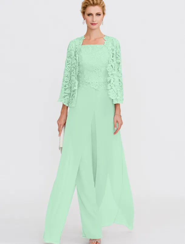 Beach Wedding Pantsuit 3 Piece Mother of the Bride Wedding Guest Elegant Plus Size Square Neck Floor Length Chiffon Corded Lace Sleeveless Wrap Included with Lace Appliques