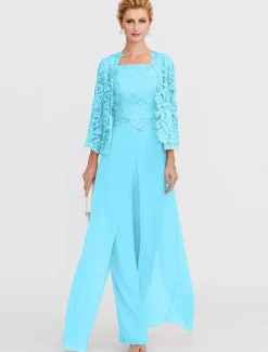 Beach Wedding Pantsuit 3 Piece Mother of the Bride Wedding Guest Elegant Plus Size Square Neck Floor Length Chiffon Corded Lace Sleeveless Wrap Included with Lace Appliques