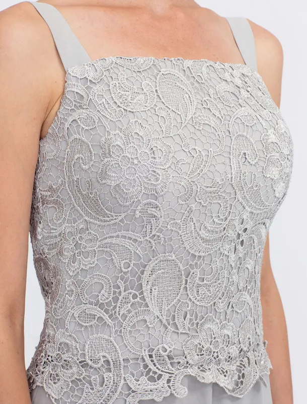 Beach Wedding Pantsuit 3 Piece Mother of the Bride Wedding Guest Elegant Plus Size Square Neck Floor Length Chiffon Corded Lace Sleeveless Wrap Included with Lace Appliques