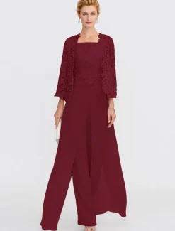 Beach Wedding Pantsuit 3 Piece Mother of the Bride Wedding Guest Elegant Plus Size Square Neck Floor Length Chiffon Corded Lace Sleeveless Wrap Included with Lace Appliques