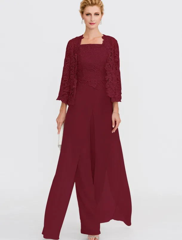 Beach Wedding Pantsuit 3 Piece Mother of the Bride Wedding Guest Elegant Plus Size Square Neck Floor Length Chiffon Corded Lace Sleeveless Wrap Included with Lace Appliques