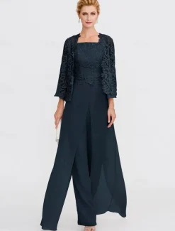 Beach Wedding Pantsuit 3 Piece Mother of the Bride Wedding Guest Elegant Plus Size Square Neck Floor Length Chiffon Corded Lace Sleeveless Wrap Included with Lace Appliques