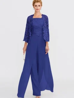 Beach Wedding Pantsuit 3 Piece Mother of the Bride Wedding Guest Elegant Plus Size Square Neck Floor Length Chiffon Corded Lace Sleeveless Wrap Included with Lace Appliques