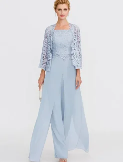 Beach Wedding Pantsuit 3 Piece Mother of the Bride Wedding Guest Elegant Plus Size Square Neck Floor Length Chiffon Corded Lace Sleeveless Wrap Included with Lace Appliques