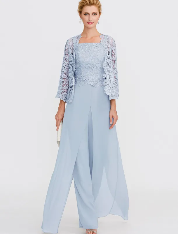 Beach Wedding Pantsuit 3 Piece Mother of the Bride Wedding Guest Elegant Plus Size Square Neck Floor Length Chiffon Corded Lace Sleeveless Wrap Included with Lace Appliques