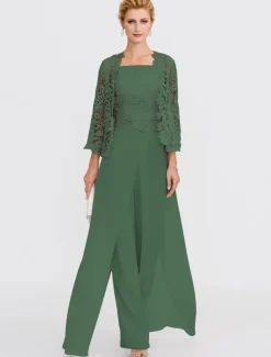 Beach Wedding Pantsuit 3 Piece Mother of the Bride Wedding Guest Elegant Plus Size Square Neck Floor Length Chiffon Corded Lace Sleeveless Wrap Included with Lace Appliques