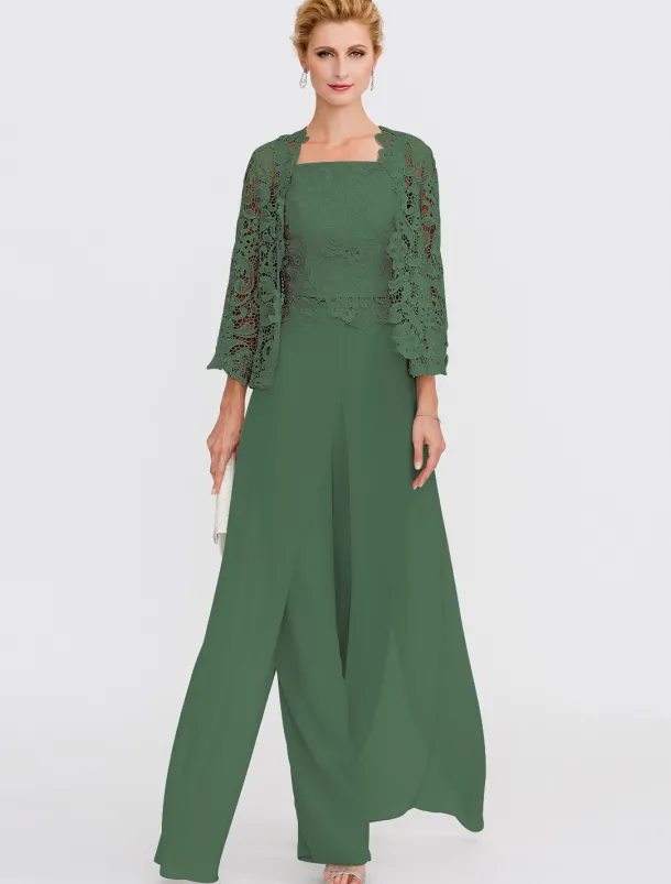 Beach Wedding Pantsuit 3 Piece Mother of the Bride Wedding Guest Elegant Plus Size Square Neck Floor Length Chiffon Corded Lace Sleeveless Wrap Included with Lace Appliques