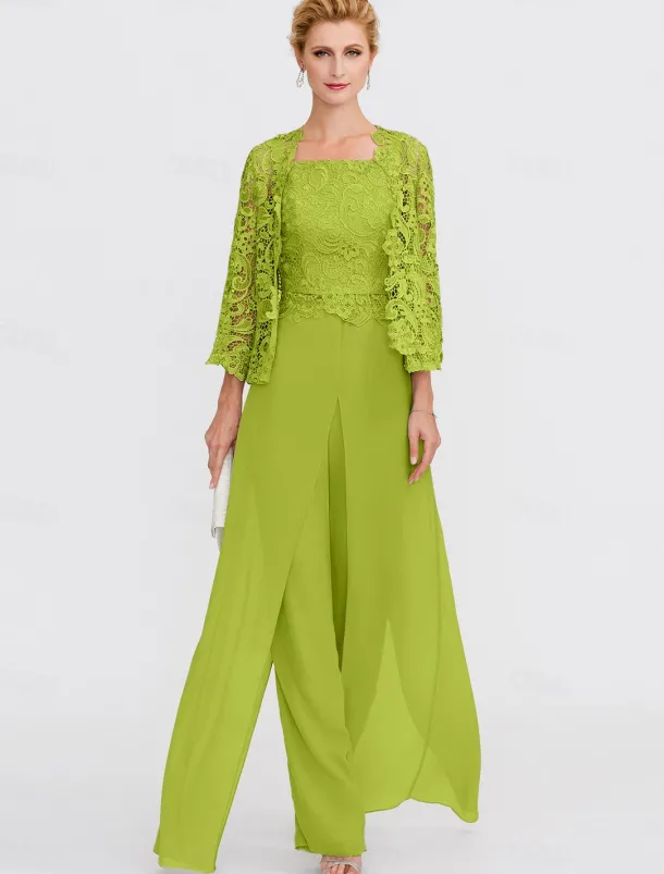Beach Wedding Pantsuit 3 Piece Mother of the Bride Wedding Guest Elegant Plus Size Square Neck Floor Length Chiffon Corded Lace Sleeveless Wrap Included with Lace Appliques