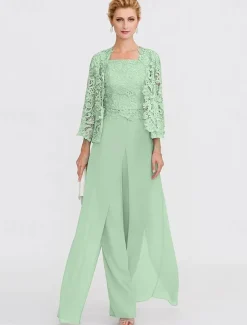 Beach Wedding Pantsuit 3 Piece Mother of the Bride Wedding Guest Elegant Plus Size Square Neck Floor Length Chiffon Corded Lace Sleeveless Wrap Included with Lace Appliques