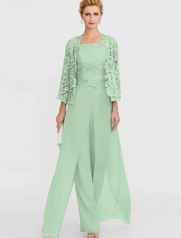 Beach Wedding Pantsuit 3 Piece Mother of the Bride Wedding Guest Elegant Plus Size Square Neck Floor Length Chiffon Corded Lace Sleeveless Wrap Included with Lace Appliques