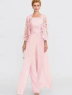 Beach Wedding Pantsuit 3 Piece Mother of the Bride Wedding Guest Elegant Plus Size Square Neck Floor Length Chiffon Corded Lace Sleeveless Wrap Included with Lace Appliques