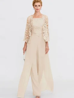 Beach Wedding Pantsuit 3 Piece Mother of the Bride Wedding Guest Elegant Plus Size Square Neck Floor Length Chiffon Corded Lace Sleeveless Wrap Included with Lace Appliques