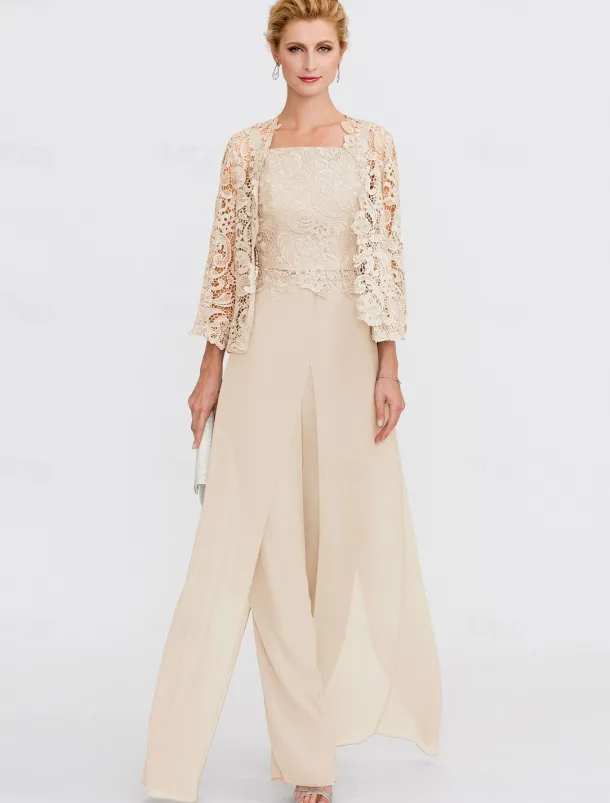 Beach Wedding Pantsuit 3 Piece Mother of the Bride Wedding Guest Elegant Plus Size Square Neck Floor Length Chiffon Corded Lace Sleeveless Wrap Included with Lace Appliques