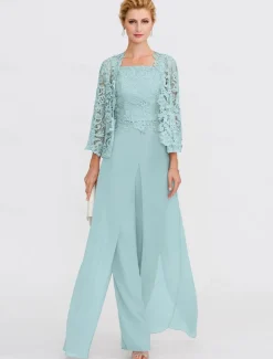 Beach Wedding Pantsuit 3 Piece Mother of the Bride Wedding Guest Elegant Plus Size Square Neck Floor Length Chiffon Corded Lace Sleeveless Wrap Included with Lace Appliques