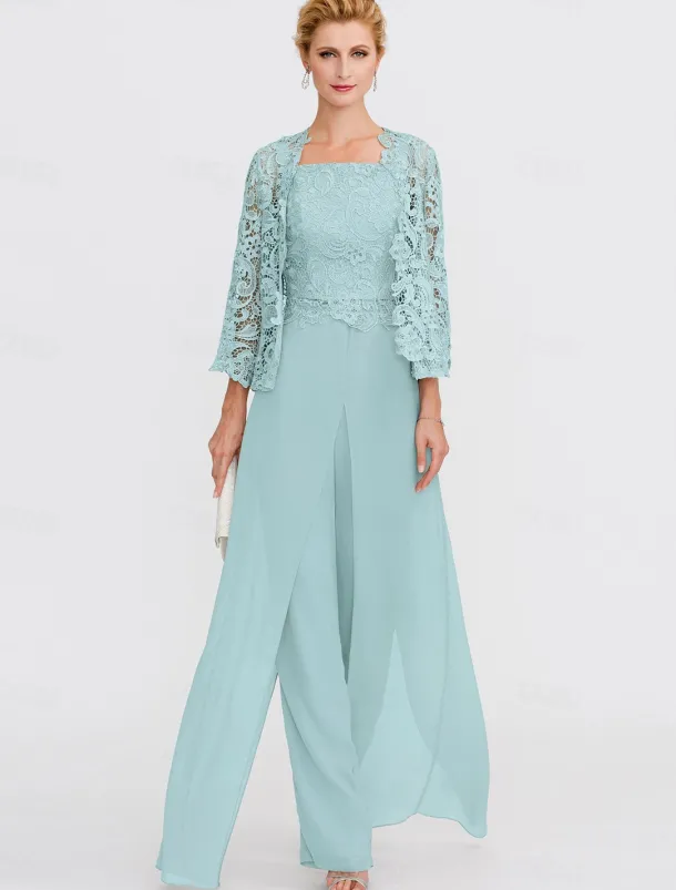 Beach Wedding Pantsuit 3 Piece Mother of the Bride Wedding Guest Elegant Plus Size Square Neck Floor Length Chiffon Corded Lace Sleeveless Wrap Included with Lace Appliques