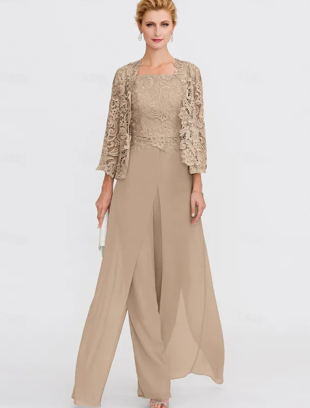 Beach Wedding Pantsuit 3 Piece Mother of the Bride Wedding Guest Elegant Plus Size Square Neck Floor Length Chiffon Corded Lace Sleeveless Wrap Included with Lace Appliques