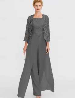 Beach Wedding Pantsuit 3 Piece Mother of the Bride Wedding Guest Elegant Plus Size Square Neck Floor Length Chiffon Corded Lace Sleeveless Wrap Included with Lace Appliques