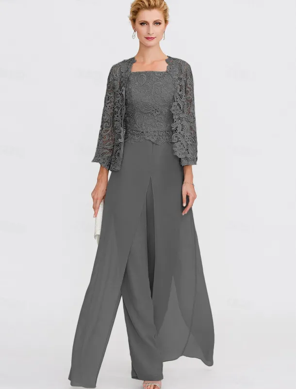 Beach Wedding Pantsuit 3 Piece Mother of the Bride Wedding Guest Elegant Plus Size Square Neck Floor Length Chiffon Corded Lace Sleeveless Wrap Included with Lace Appliques