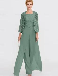 Beach Wedding Pantsuit 3 Piece Mother of the Bride Wedding Guest Elegant Plus Size Square Neck Floor Length Chiffon Corded Lace Sleeveless Wrap Included with Lace Appliques