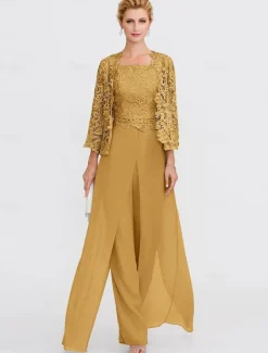 Beach Wedding Pantsuit 3 Piece Mother of the Bride Wedding Guest Elegant Plus Size Square Neck Floor Length Chiffon Corded Lace Sleeveless Wrap Included with Lace Appliques