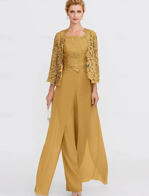 Beach Wedding Pantsuit 3 Piece Mother of the Bride Wedding Guest Elegant Plus Size Square Neck Floor Length Chiffon Corded Lace Sleeveless Wrap Included with Lace Appliques