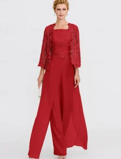Beach Wedding Pantsuit 3 Piece Mother of the Bride Wedding Guest Elegant Plus Size Square Neck Floor Length Chiffon Corded Lace Sleeveless Wrap Included with Lace Appliques