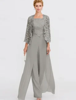 Beach Wedding Pantsuit 3 Piece Mother of the Bride Wedding Guest Elegant Plus Size Square Neck Floor Length Chiffon Corded Lace Sleeveless Wrap Included with Lace Appliques