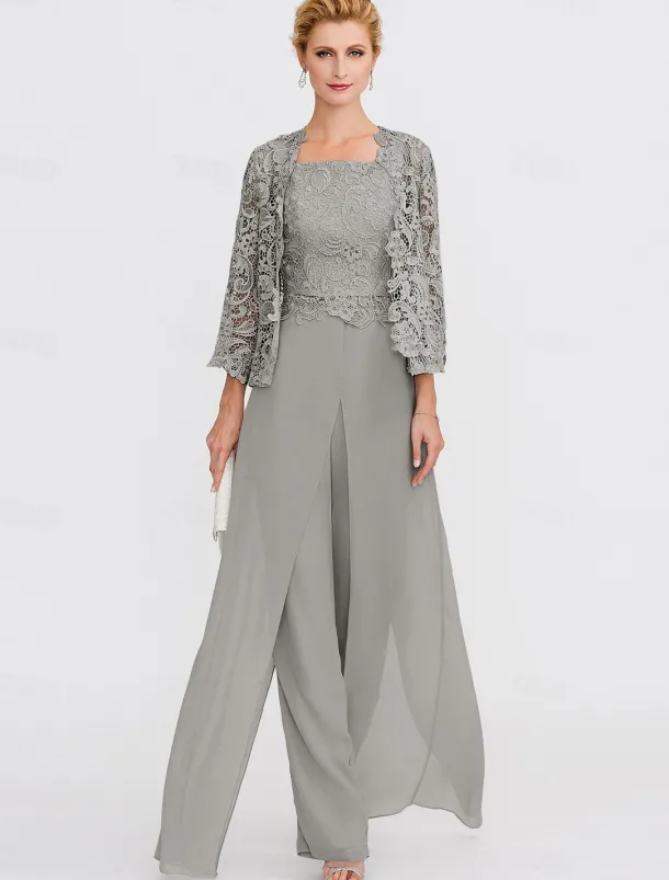 Beach Wedding Pantsuit 3 Piece Mother of the Bride Wedding Guest Elegant Plus Size Square Neck Floor Length Chiffon Corded Lace Sleeveless Wrap Included with Lace Appliques