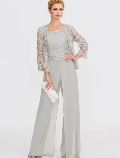 Beach Wedding Pantsuit 3 Piece Mother of the Bride Wedding Guest Elegant Plus Size Square Neck Floor Length Chiffon Corded Lace Sleeveless Wrap Included with Lace Appliques
