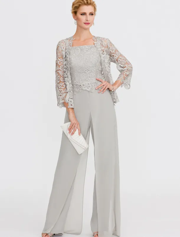 Beach Wedding Pantsuit 3 Piece Mother of the Bride Wedding Guest Elegant Plus Size Square Neck Floor Length Chiffon Corded Lace Sleeveless Wrap Included with Lace Appliques