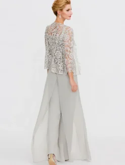 Beach Wedding Pantsuit 3 Piece Mother of the Bride Wedding Guest Elegant Plus Size Square Neck Floor Length Chiffon Corded Lace Sleeveless Wrap Included with Lace Appliques