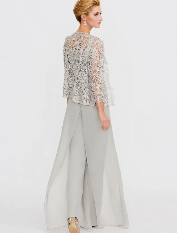 Beach Wedding Pantsuit 3 Piece Mother of the Bride Wedding Guest Elegant Plus Size Square Neck Floor Length Chiffon Corded Lace Sleeveless Wrap Included with Lace Appliques