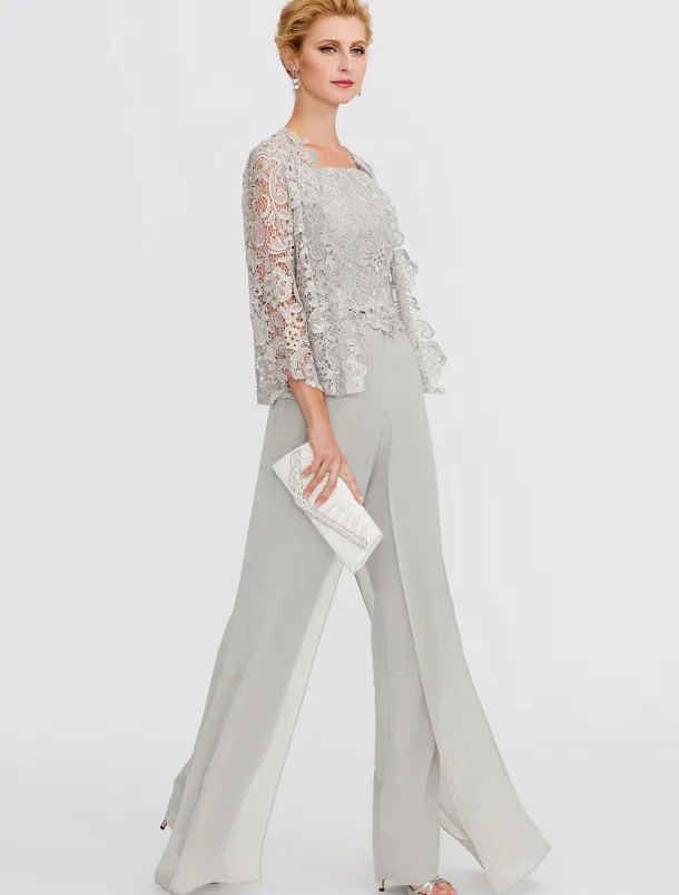 Beach Wedding Pantsuit 3 Piece Mother of the Bride Wedding Guest Elegant Plus Size Square Neck Floor Length Chiffon Corded Lace Sleeveless Wrap Included with Lace Appliques