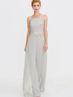 Beach Wedding Pantsuit 3 Piece Mother of the Bride Wedding Guest Elegant Plus Size Square Neck Floor Length Chiffon Corded Lace Sleeveless Wrap Included with Lace Appliques