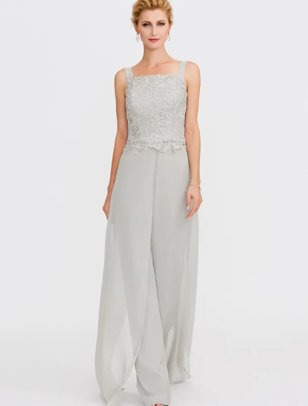 Beach Wedding Pantsuit 3 Piece Mother of the Bride Wedding Guest Elegant Plus Size Square Neck Floor Length Chiffon Corded Lace Sleeveless Wrap Included with Lace Appliques