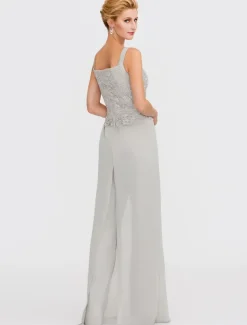 Beach Wedding Pantsuit 3 Piece Mother of the Bride Wedding Guest Elegant Plus Size Square Neck Floor Length Chiffon Corded Lace Sleeveless Wrap Included with Lace Appliques