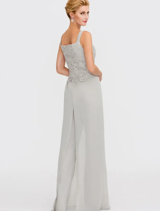 Beach Wedding Pantsuit 3 Piece Mother of the Bride Wedding Guest Elegant Plus Size Square Neck Floor Length Chiffon Corded Lace Sleeveless Wrap Included with Lace Appliques