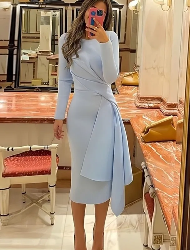 Beach Wedding Sheath Cocktail Dresses Elegant Dress Formal Fall Knee Length Long Sleeve Jewel Neck Stretch Fabric with Pleats Ruched Dresses