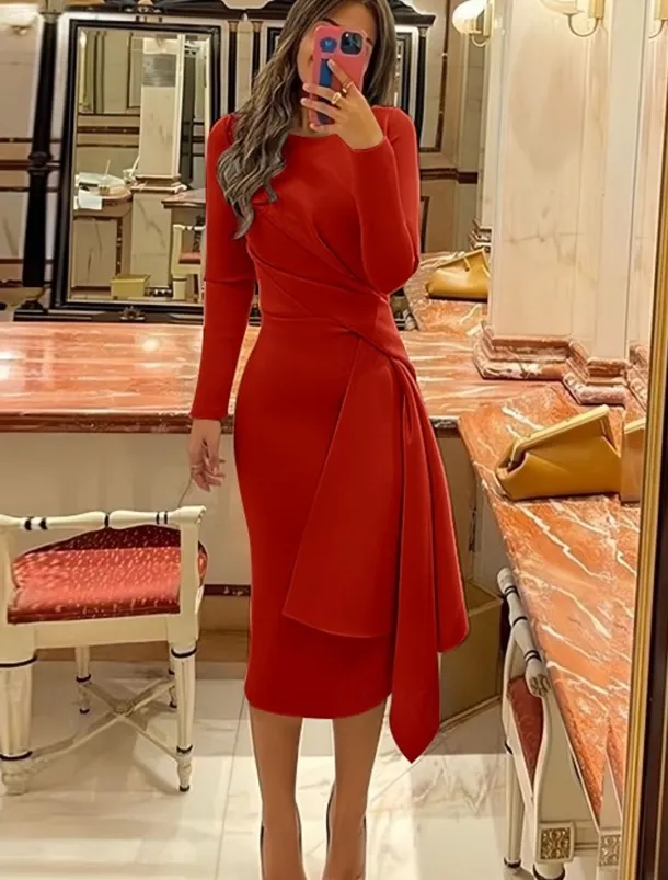 Beach Wedding Sheath Cocktail Dresses Elegant Dress Formal Fall Knee Length Long Sleeve Jewel Neck Stretch Fabric with Pleats Ruched Dresses