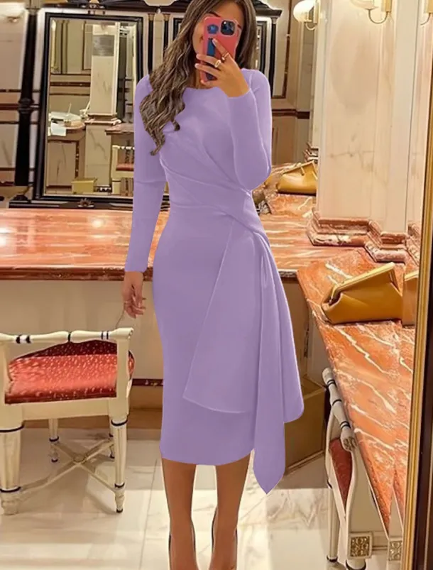 Beach Wedding Sheath Cocktail Dresses Elegant Dress Formal Fall Knee Length Long Sleeve Jewel Neck Stretch Fabric with Pleats Ruched Dresses